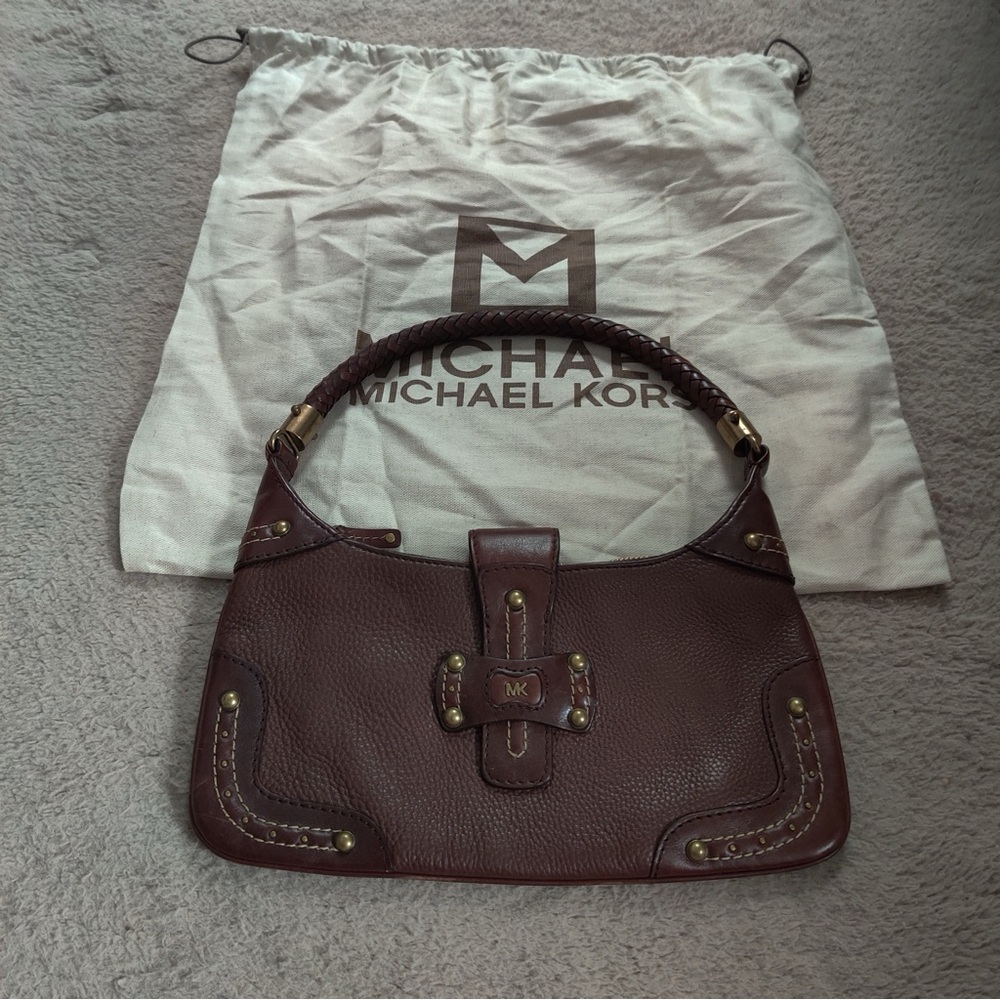 Michael Kors Dark Brown Shoulder Bag Pebble Leather Brass Hardware Braided Strap